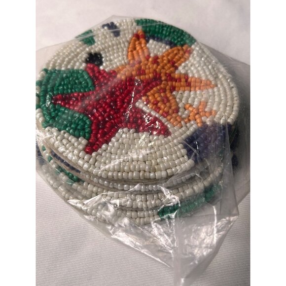 Handcrafted Beaded Starfish Coasters Set Of 4 - 4.25" Round - Beach Theme Decor - Picture 2 of 6